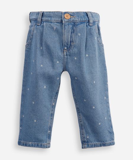calça mom infantil jeans com pregas e poá azul 3