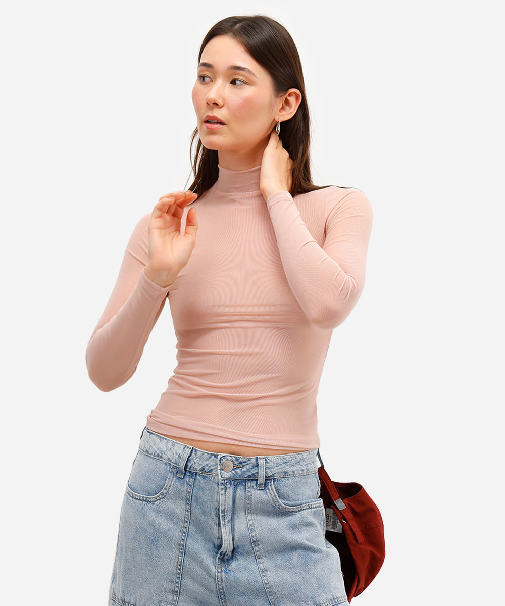 blusa feminina de tule gola alta manga longa bege