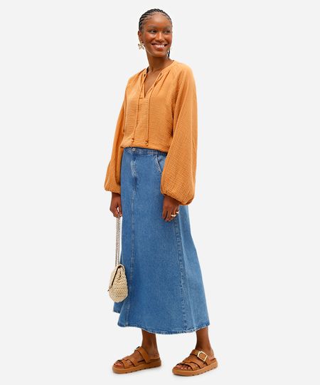 saia midi evasê feminina jeans cós elástico azul 36 saia midi evasê feminina jeans cós elástico azul 36