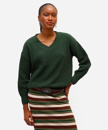 suéter de tricô gola v manga longa verde M suéter de tricô gola v manga longa verde M