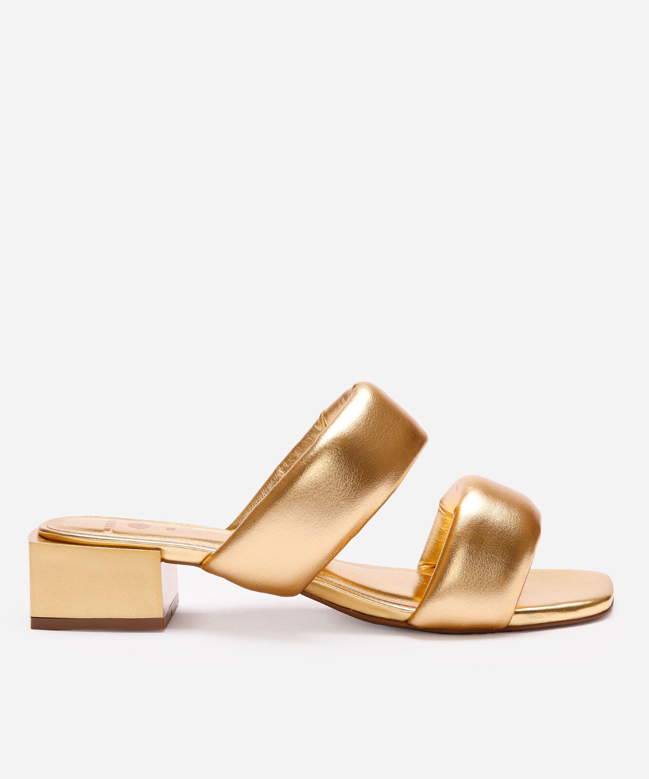 tamanco bico quadrado tira puffer mindset dourado