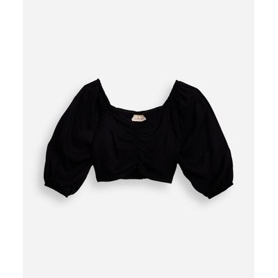 cropped de viscose juvenil manga bufante com franzido preto