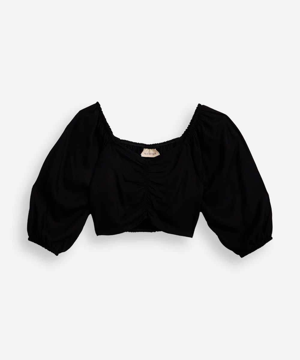 cropped de viscose juvenil manga bufante com franzido preto