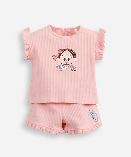 conjunto infantil curto canelado turma da mônica rosa 6-9 conjunto infantil curto canelado turma da mônica rosa 6-9