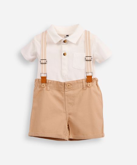 conjunto curto infantil de algodão com suspensório bege 9-12