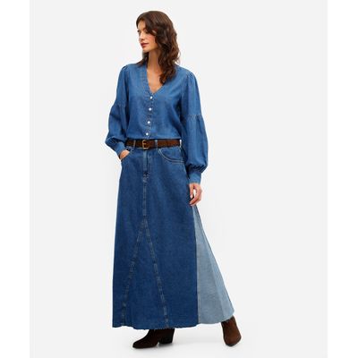 saia longa evasê feminina jeans com recorte azul