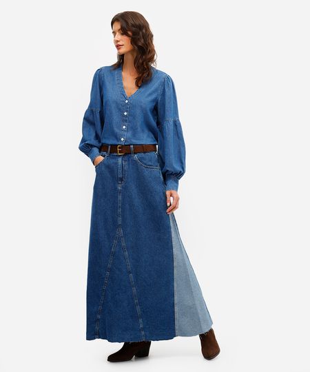 saia longa evasê feminina jeans com recorte azul 40 saia longa evasê feminina jeans com recorte azul 40