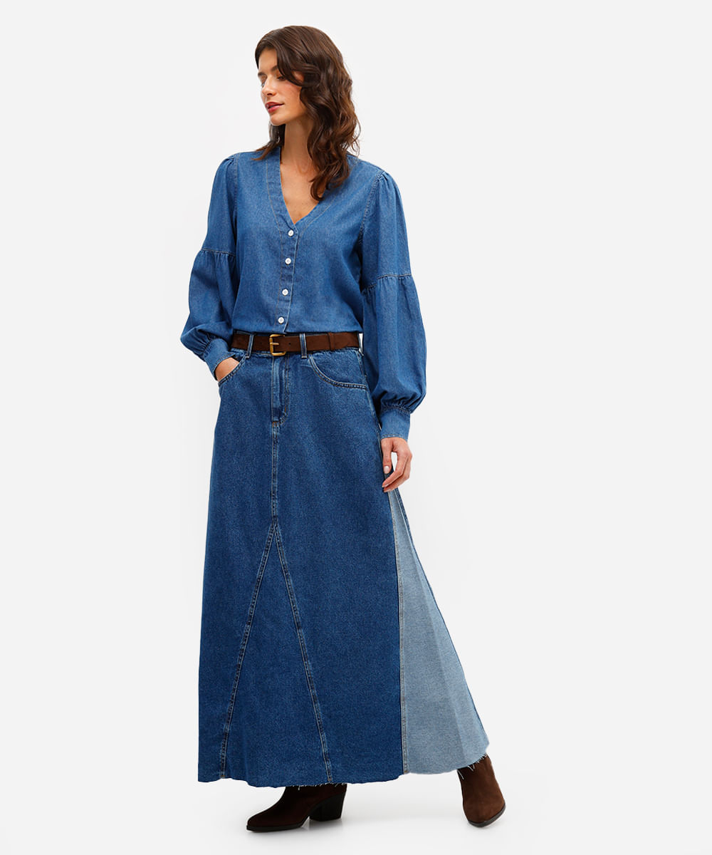 saia longa evasê feminina jeans com recorte azul