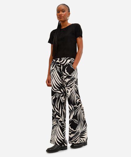 calça wide leg feminina folhagem folhagens bege P