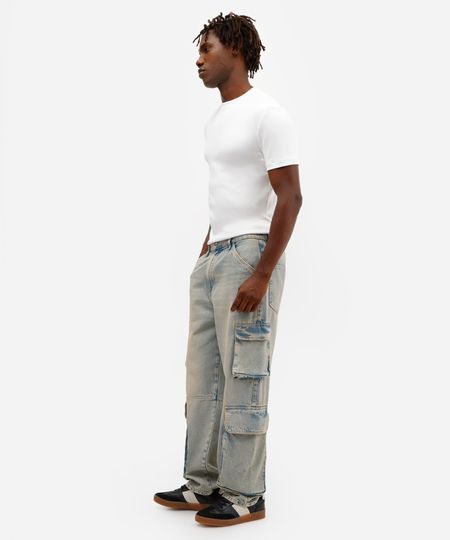 calça cargo masculina jeans dirty azul 46