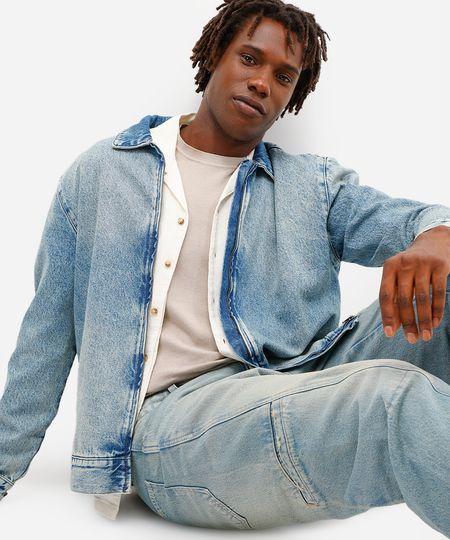 jaqueta masculina jeans com zíper azul P