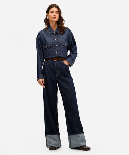calça wide leg feminina jeans barra dobrada azul 34