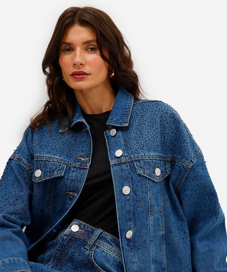 jaqueta feminina jeans com brilhos azul PP