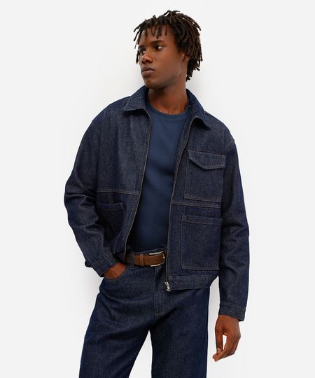 jaqueta masculina com bolsos jeans azul GG