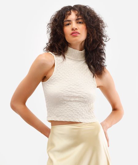 cropped feminino gola alta texturizado bege PP cropped feminino gola alta texturizado bege PP