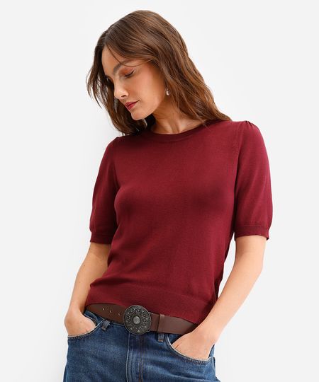 blusa feminina de tricot manga bufante vinho PP