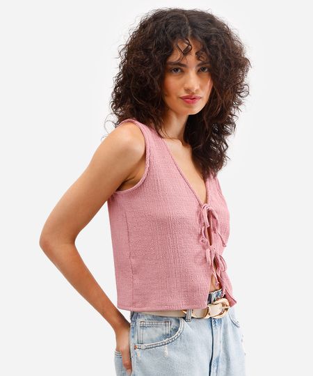blusa feminina texturizada com amarração rosa M