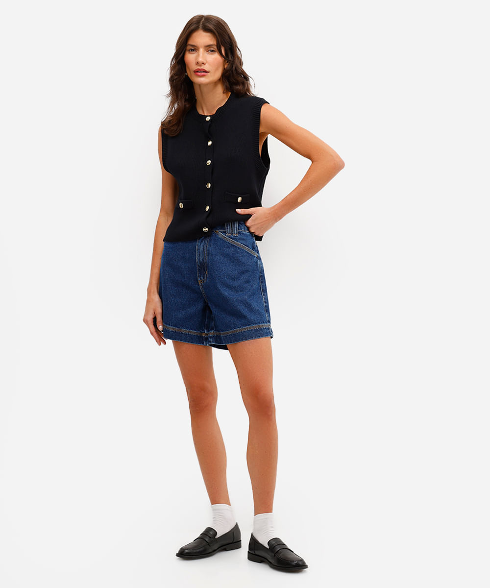 short feminino jeans cintura alta azul