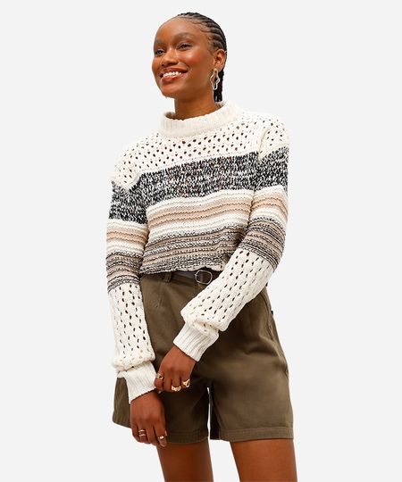 suéter feminino de tricot listrado off white G
