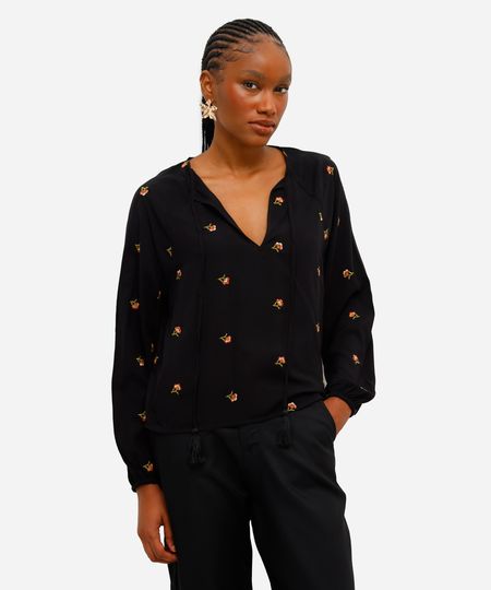 bata feminina de viscose com bordados florais preta PP bata feminina de viscose com bordados florais preta PP