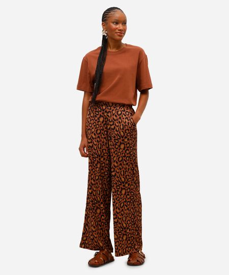 calça wide leg feminina animal print texturizada marrom PP calça wide leg feminina animal print texturizada marrom PP