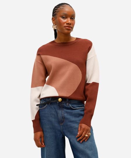 suéter feminino de tricot  abstrato marrom P