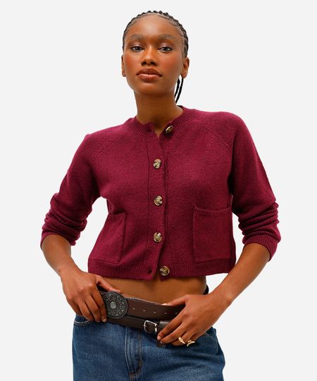cardigan feminino de tricot com bolsos vinho P