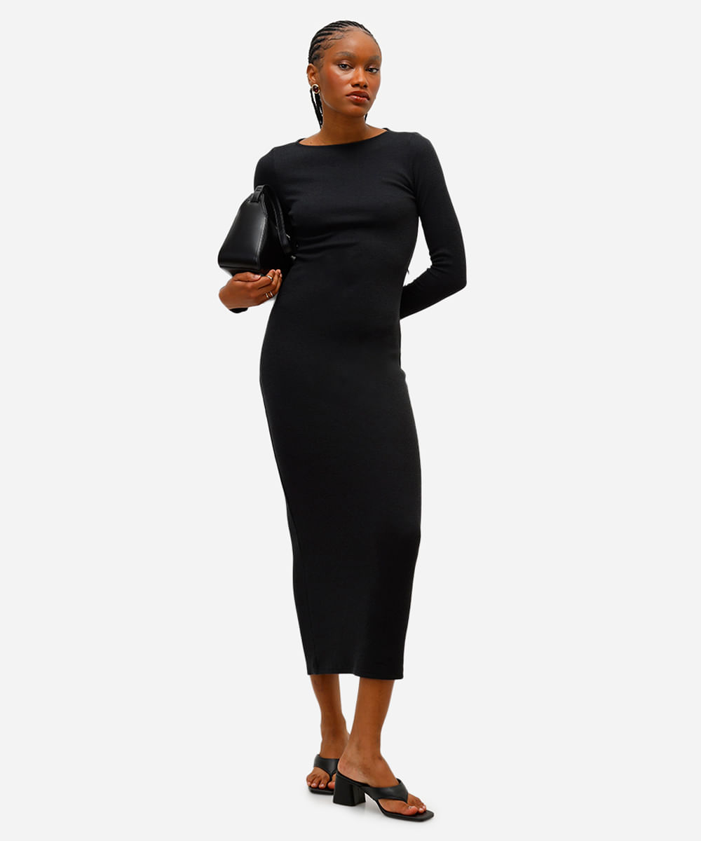 vestido midi feminino manga longa texturizado preto