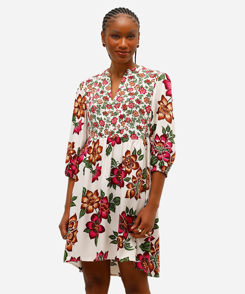 vestido curto feminino de viscose floral off white