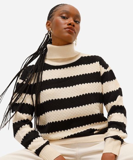 suéter feminino de tricot gola alta listrado preto PP
