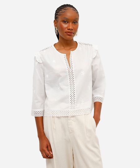 bata feminina de algodão com bordado floral off white P