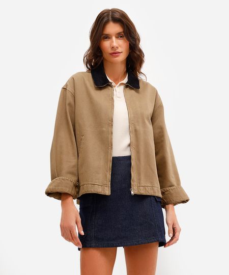 jaqueta feminina de sarja gola em veludo bege M jaqueta feminina de sarja gola em veludo bege M