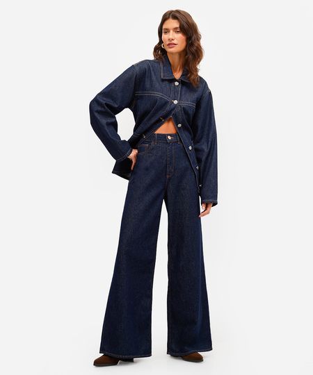 calça wide leg feminina jeans cintura alta azul 36