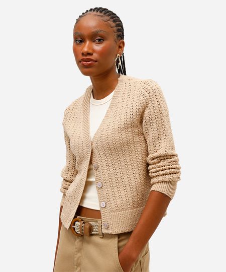 cardigan feminino de tricot com lurex bege M cardigan feminino de tricot com lurex bege M