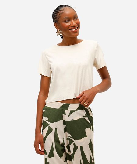 cropped de suede manga curta nude - areia P cropped de suede manga curta nude - areia P