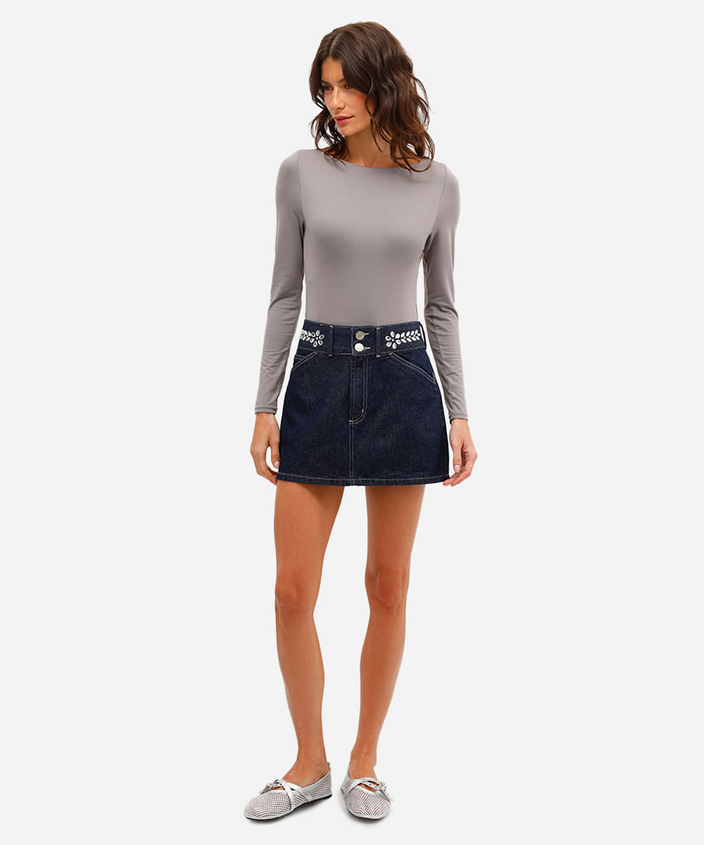minissaia feminina jeans com brilhos azul