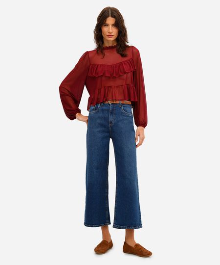 calça jeans wide leg cropped cintura alta com cinto azul 34 calça jeans wide leg cropped cintura alta com cinto azul 34