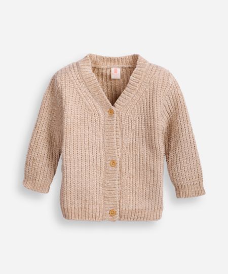 cardigan infantil de tricot gola v bege 6-9 cardigan infantil de tricot gola v bege 6-9