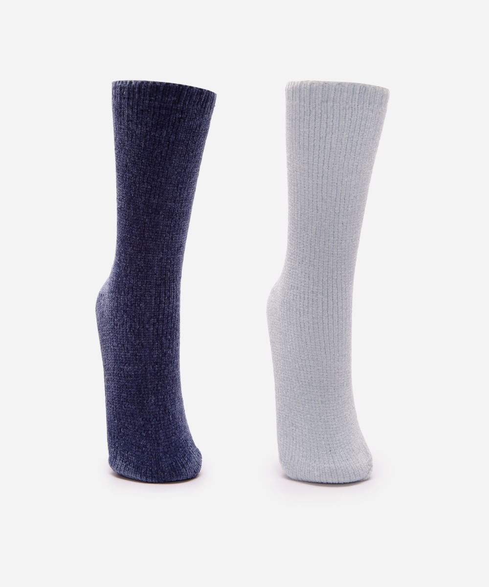 kit de 2 meias femininas cano alto com antiderrapante azul