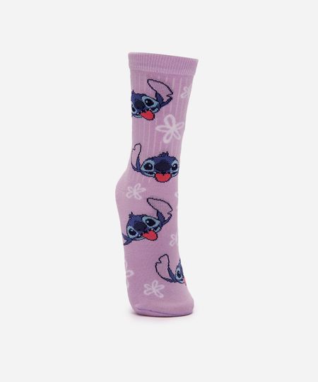 meia feminina cano longo stitch floral lilás 34-39