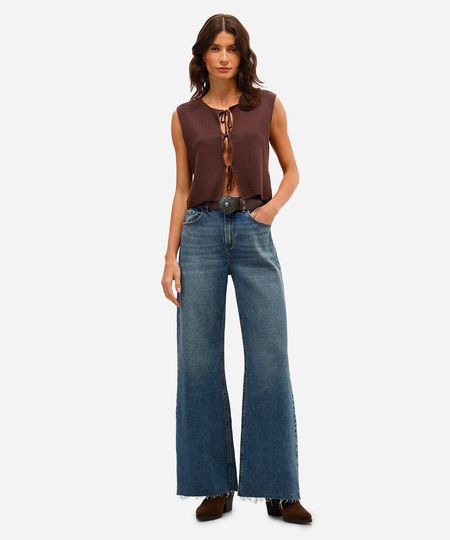 calça wide leg feminina jeans cintura alta barra desfiada azul 42 calça wide leg feminina jeans cintura alta barra desfiada azul 42