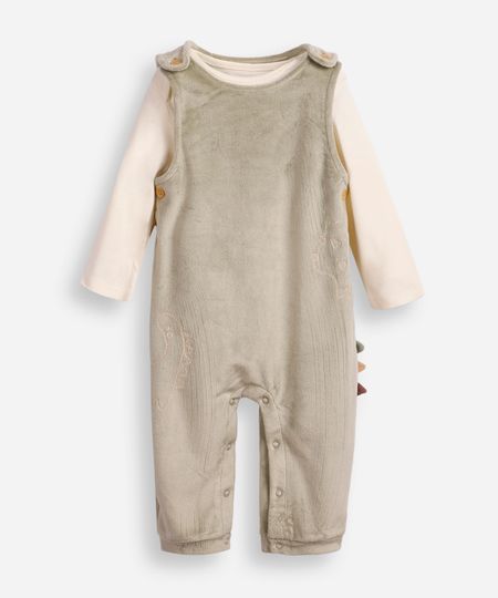 jardineira longa infantil de plush com blusa dinossauro verde 6-9 jardineira longa infantil de plush com blusa dinossauro verde 6-9