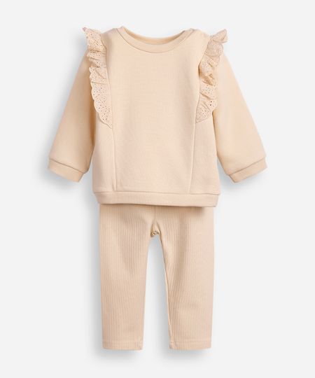 conjunto infantil longo de moletom com babado de laise bege 12-18