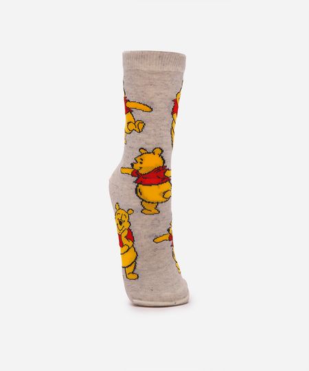 meia feminina cano longo ursinho pooh cinza 34-39