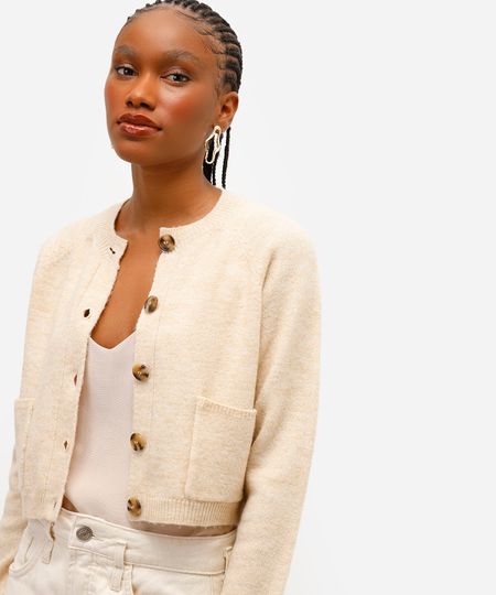 cardigan feminino de tricot com bolsos bege PP