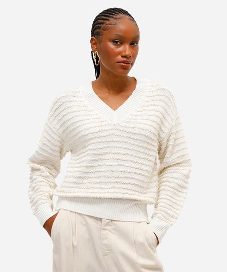 suéter feminino de tricot texturizado listrado - off white P