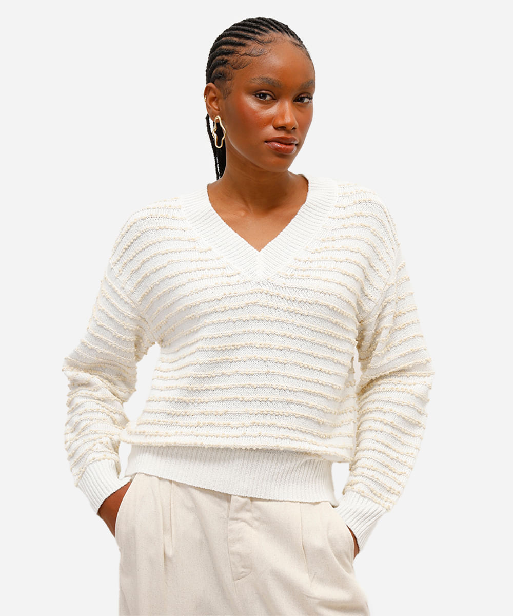 suéter feminino de tricot texturizado listrado – off white