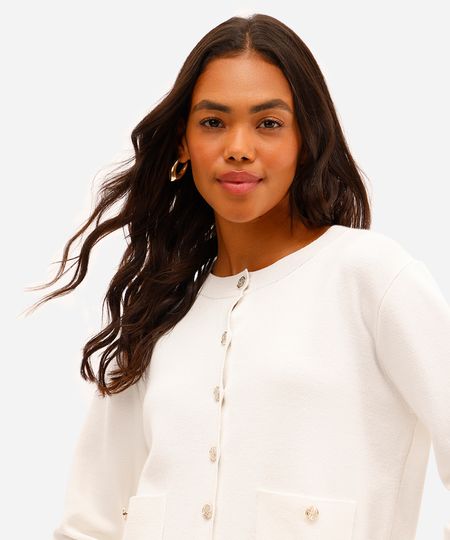 cardigan feminino de tricot com bolsos off white P