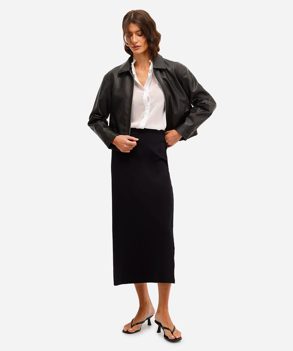 saia midi feminina com viscose e fenda preta