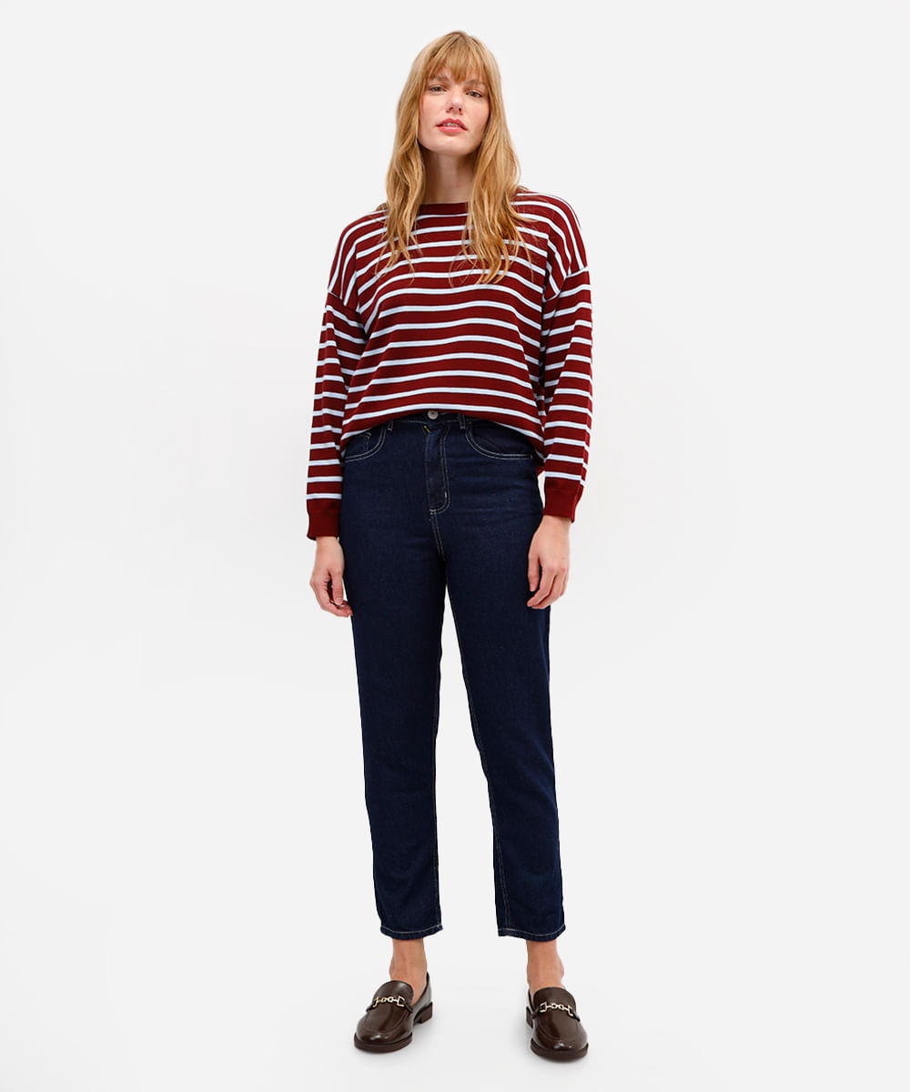 calça mom feminina jeans cintura alta azul